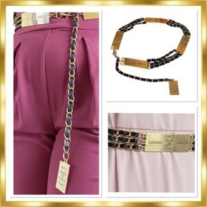 Chanel Quilted Rue Cambon Gold Chain & Black Leather Belt. Adjustable.